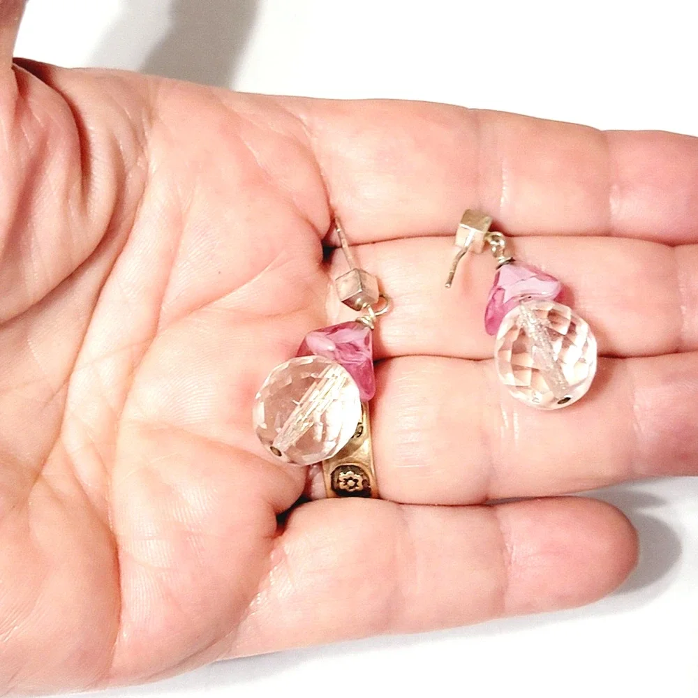 Vintage Dangle Pierced Earrings Faceted Glass, Pink Clear, 11/8